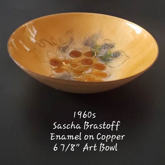 MCM Sascha Brastoff Golden Enamel, Amber Grapes on Copper 6 7/8" Bowl - Picture 1 of 12